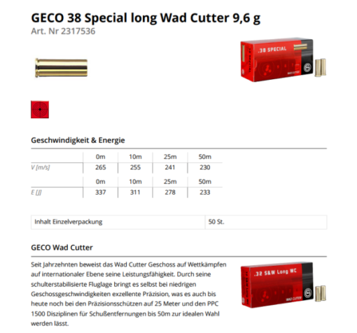 GECO Revolver Cartrigdes .38Special WC 50 Stk 148grs/9,6g